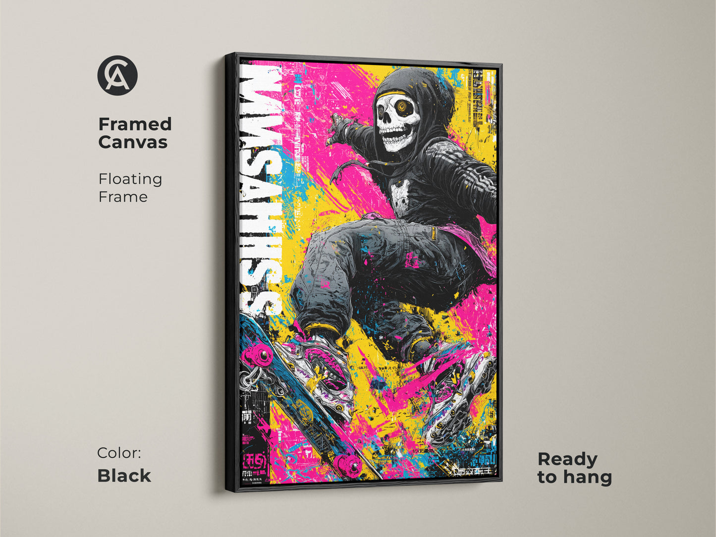 Framed canvas art featuring a skull skateboarder. The floating frame adds a touch of elegance to the edgy artwork. Ready to hang this black framed piece enhances any room. The vibrant colors and urban style make a bold statement. It is a perfect blend of modern and edgy.