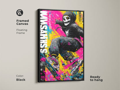 Framed canvas art featuring a skull skateboarder. The floating frame adds a touch of elegance to the edgy artwork. Ready to hang this black framed piece enhances any room. The vibrant colors and urban style make a bold statement. It is a perfect blend of modern and edgy.