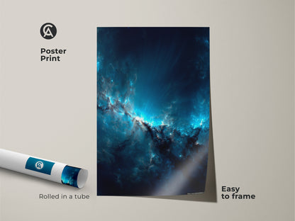 Poster print featuring a brilliant blue nebula. The artwork is rolled in a tube for easy framing. Ideal for space enthusiasts this print brings the wonders of the universe to your walls.