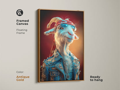 A framed canvas with an antique gold floating frame of a goat rockstar. With a funny pop surrealism style animal portrait. The sunglass-wearing goat adds a quirky touch to any space. Enhance your eclectic home decor with this unique animal musician artwork.