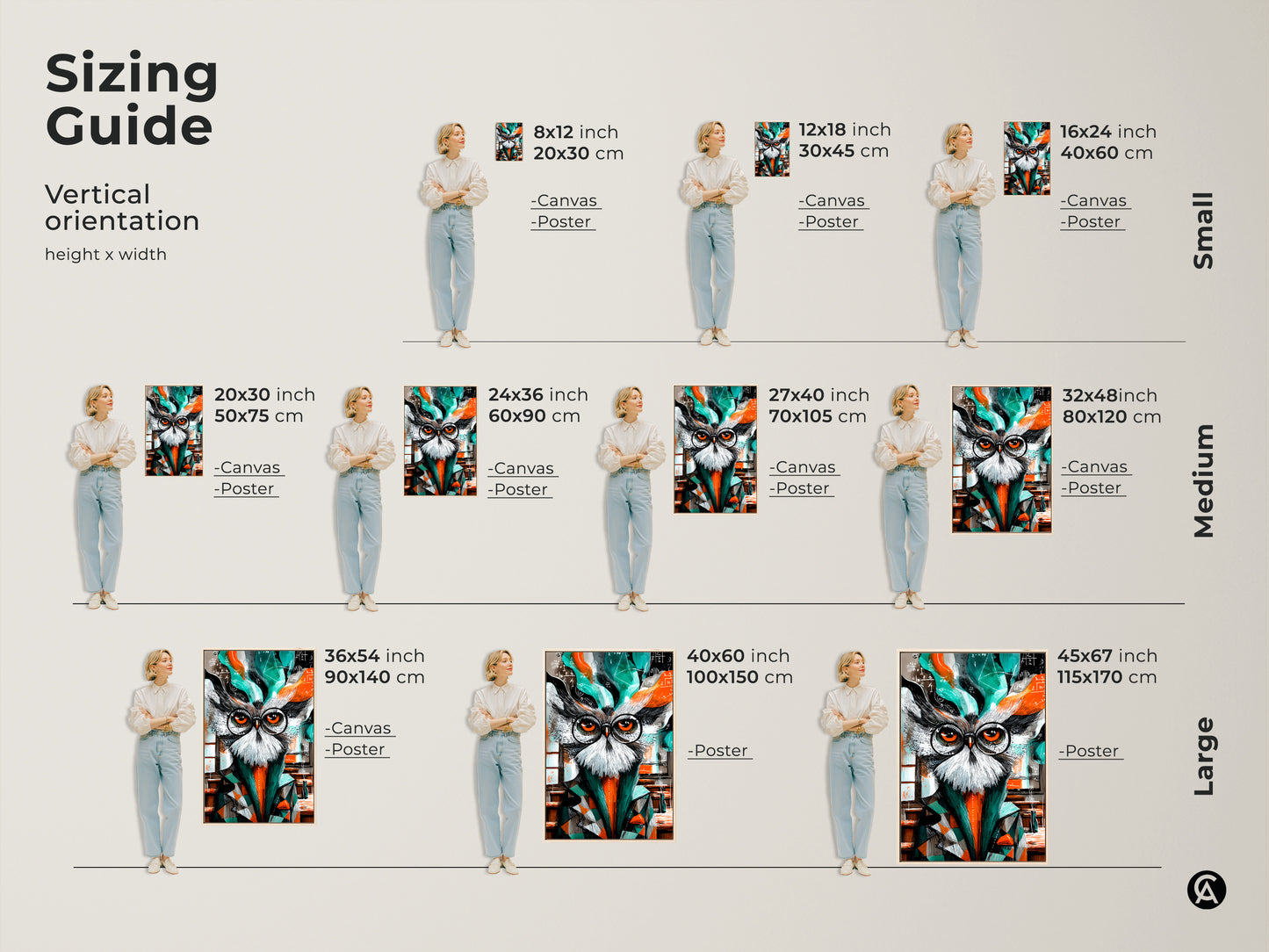 Sizing guide for abstract owl art canvas and posters. See the vertical orientation in various sizes. Select from small medium or large prints. Find the perfect fit for your study room or office. The math formulas decor adds an intellectual charm to any space.