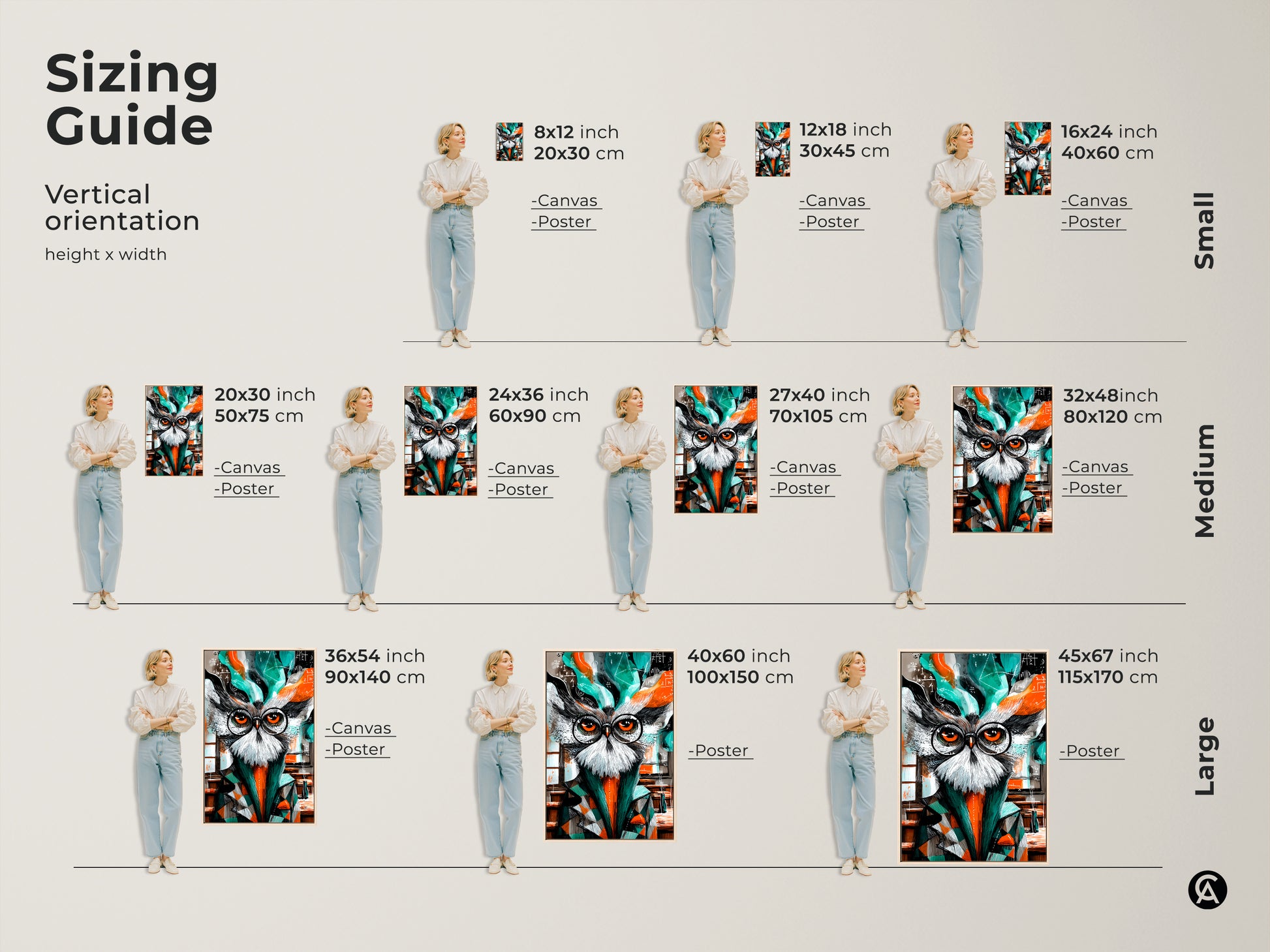 Sizing guide for abstract owl art canvas and posters. See the vertical orientation in various sizes. Select from small medium or large prints. Find the perfect fit for your study room or office. The math formulas decor adds an intellectual charm to any space.