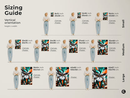 Sizing guide for abstract owl art canvas and posters. See the vertical orientation in various sizes. Select from small medium or large prints. Find the perfect fit for your study room or office. The math formulas decor adds an intellectual charm to any space.