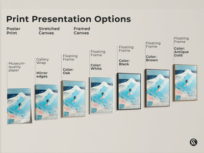 This vertical orientation sizing guide shows the ocean wave art in various sizes. Canvas and poster options are available. Sizes range from small 8x12 to large 45x67 inches. Find the perfect fit for your modern wall.