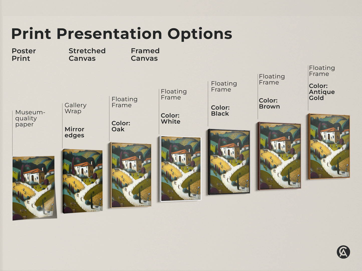 Explore print presentation options for folk art farmhouse landscapes. Choose from poster prints stretched canvases and framed canvases. Museum quality paper and gallery wraps are available. Select a floating frame in white oak black brown or antique gold. Enhance your residential wall decor today.