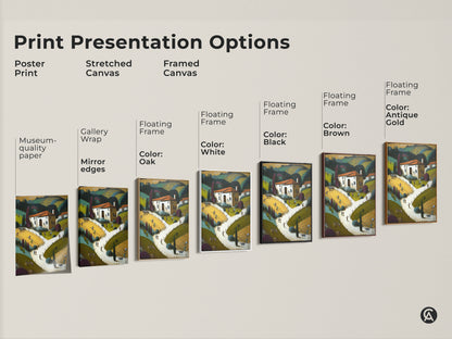 Explore print presentation options for folk art farmhouse landscapes. Choose from poster prints stretched canvases and framed canvases. Museum quality paper and gallery wraps are available. Select a floating frame in white oak black brown or antique gold. Enhance your residential wall decor today.