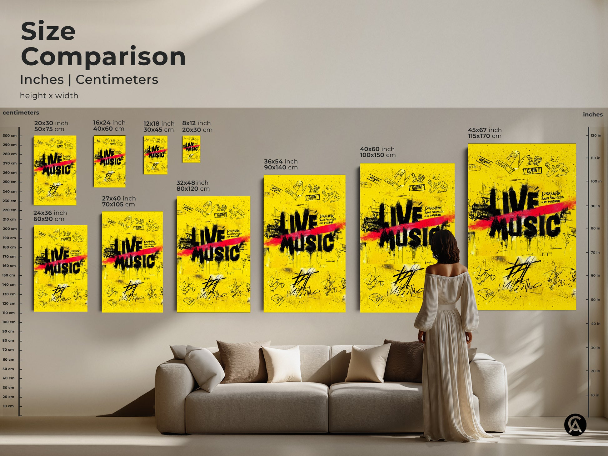 A size comparison shows the yellow graffiti art in inches and centimeters. This street art canvas print is displayed in multiple dimensions. Visualize the perfect scale for your space. It is ideal for music rooms and cafes.