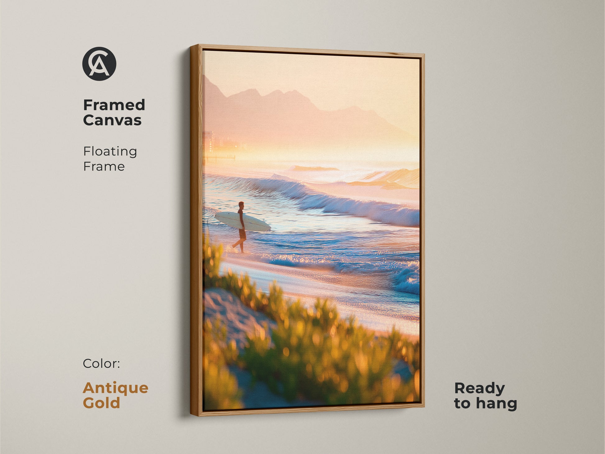 Antique gold framed canvas art. The artwork shows a beach scene with a surfer at sunrise. Floating frame enhances the art. Ready to hang. Elevate your space with this antique gold framed canvas print.