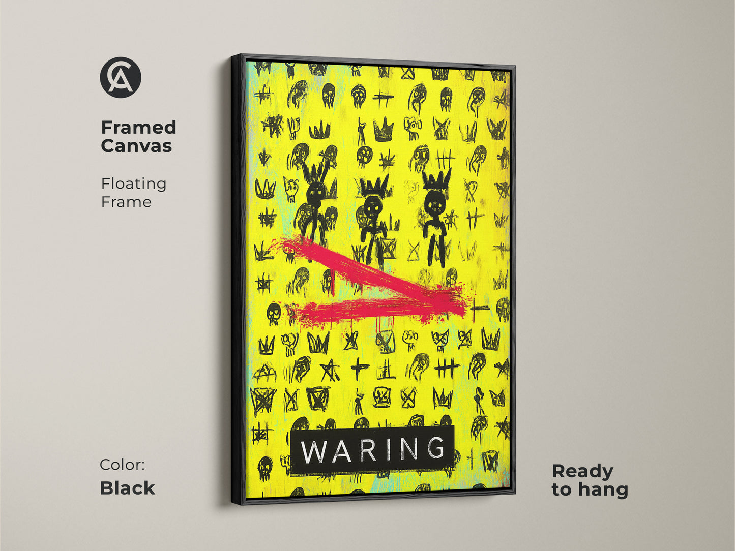 Framed canvas art featuring a bold street art graffiti print with neon yellow accents. The black floating frame enhances the abstract skull artwork. Ideal for teen room decor or office wall art. This edgy home decor piece makes a statement. The pop art canvas showcases crowns and skulls.