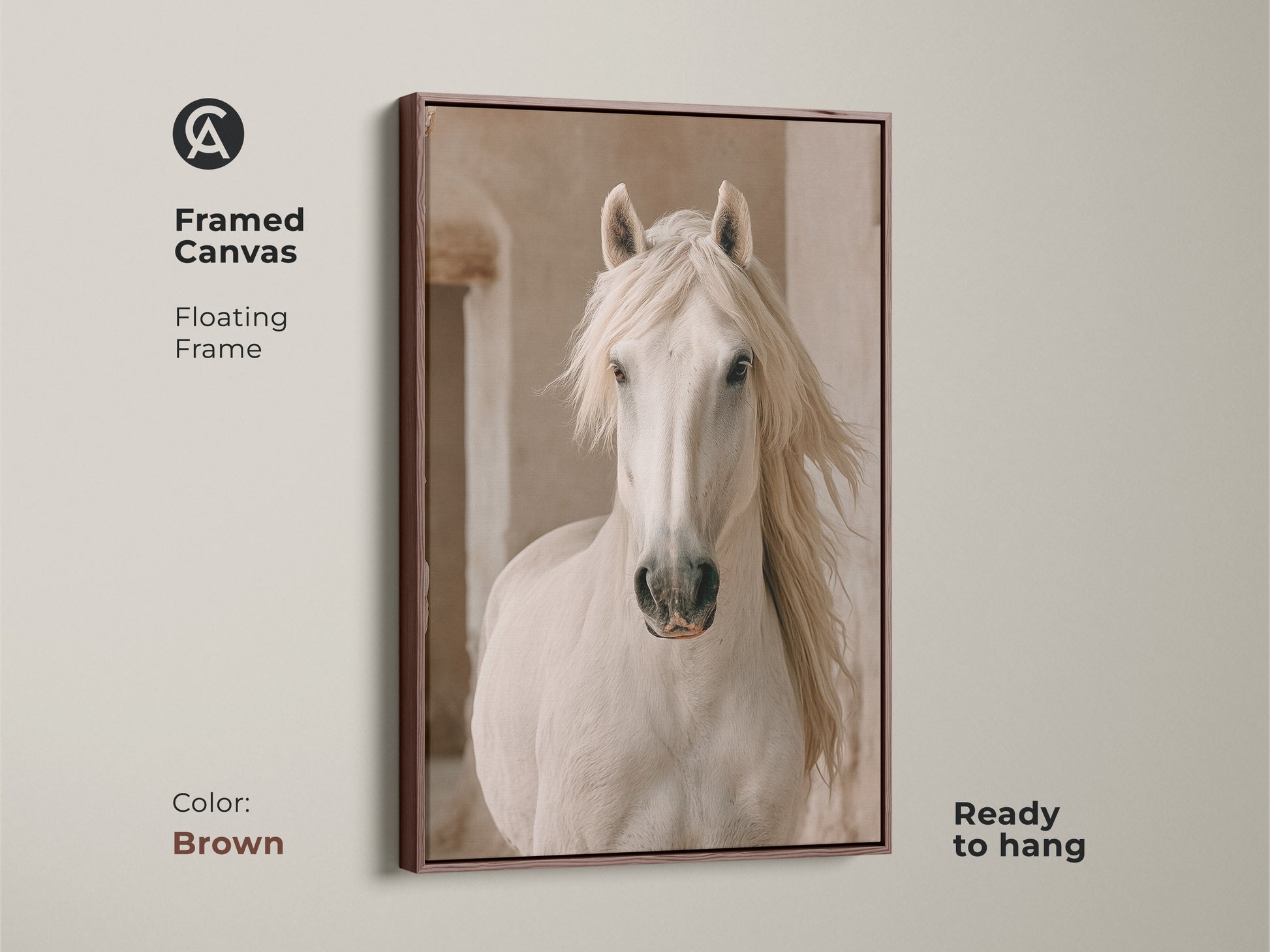 Framed canvas featuring a photorealistic white horse in a brown floating frame. This rustic bedroom artwork is ready to hang. It's a perfect gift for her equestrian home decor.