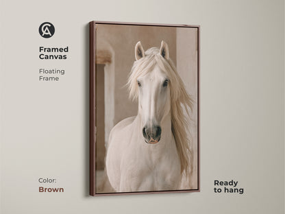 Framed canvas featuring a photorealistic white horse in a brown floating frame. This rustic bedroom artwork is ready to hang. It's a perfect gift for her equestrian home decor.