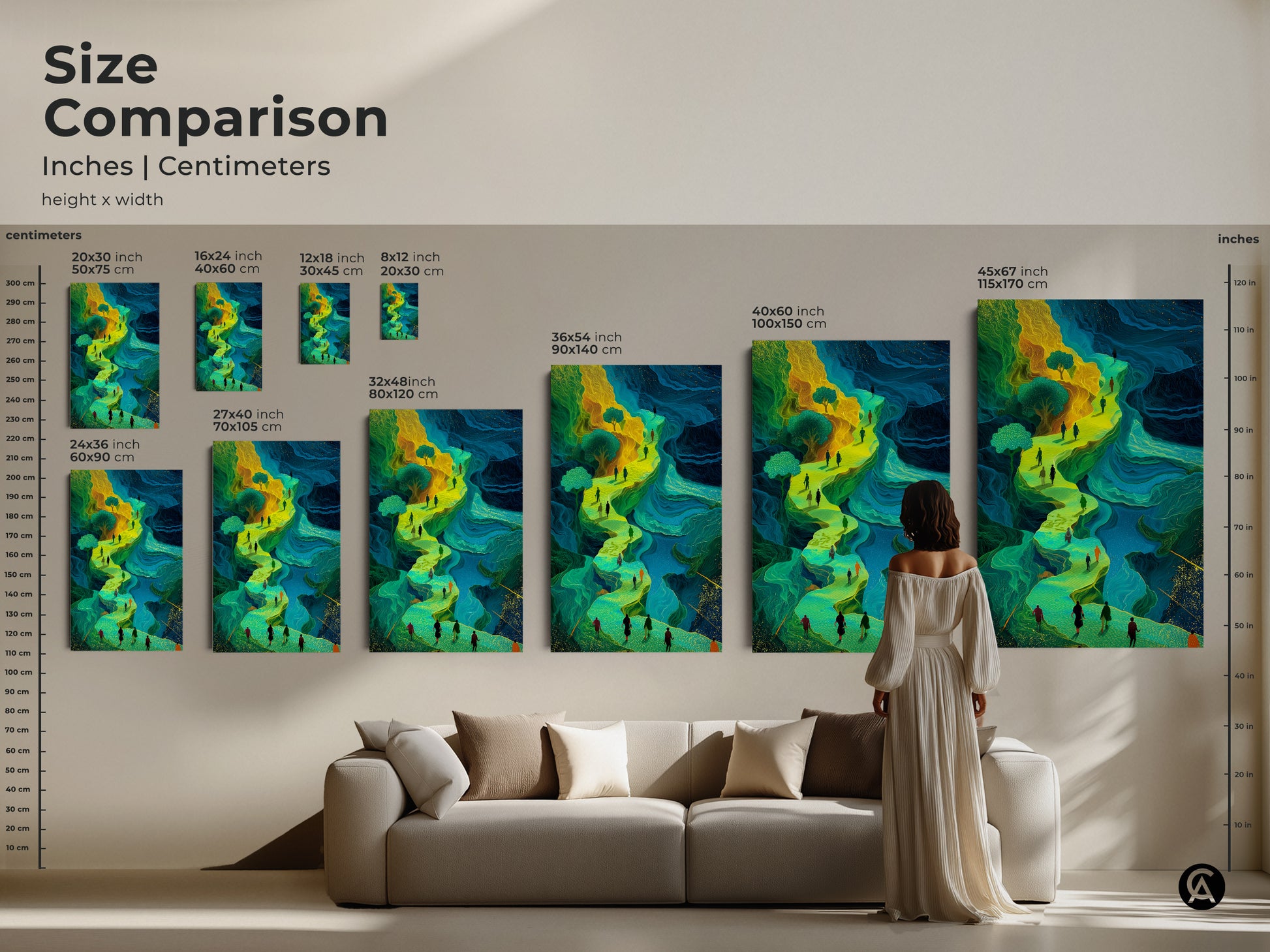 Compare sizes of this unique landscape canvas print. Various sizes are available. See how the abstract figurative art fits above a couch. Sizes range from small to large. The emerald green and golden yellow hues create a colorful abstract art for any eclectic home decor.