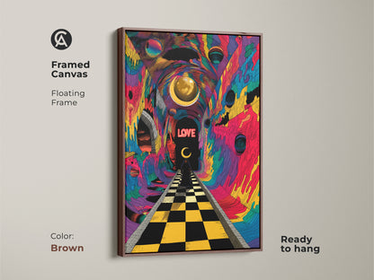 Framed canvas art in a brown floating frame. It features a psychedelic abstract scene. Surreal chessboard path & tunnel vision create trippy home decor. Ready to hang adding color & eclectic charm. A great unique gift for him.