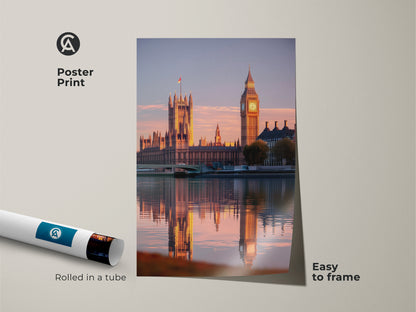 Poster Print of the Houses of Parliament and Big Ben. The London Cityscape shines during the golden hour. The travel themed artwork is rolled in a tube and is easy to frame for contemporary decor.