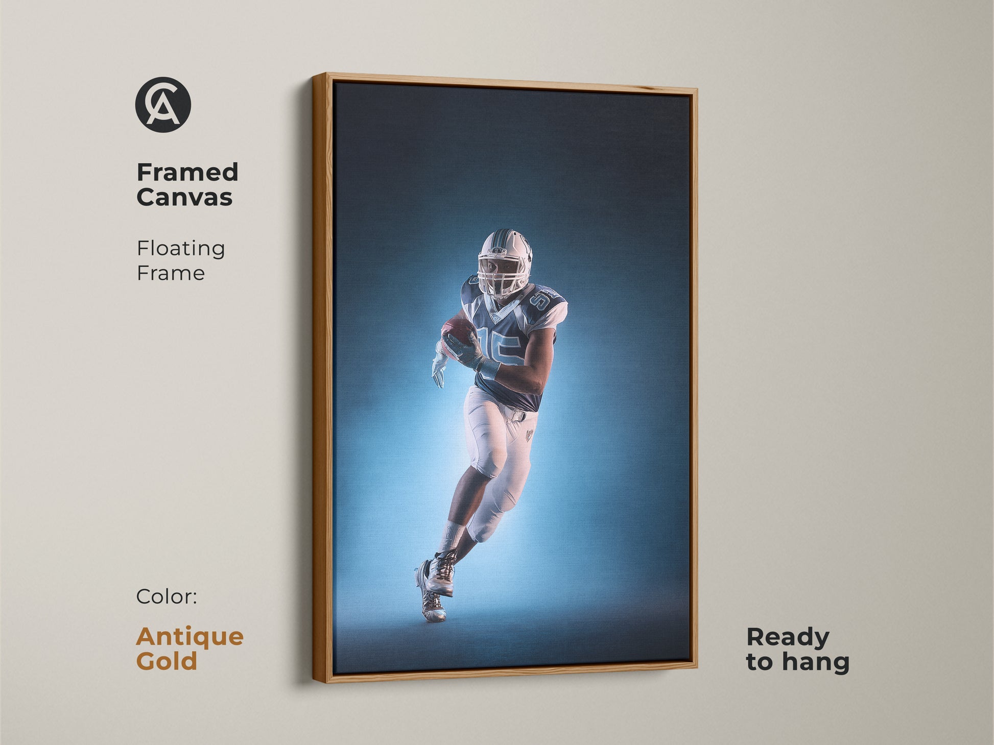 A framed canvas with floating frame features an American Football player. The contemporary teal and white sports artwork is ready to hang. The antique gold frame adds a modern athletic vibe. It's a fantastic gift for sports fans.