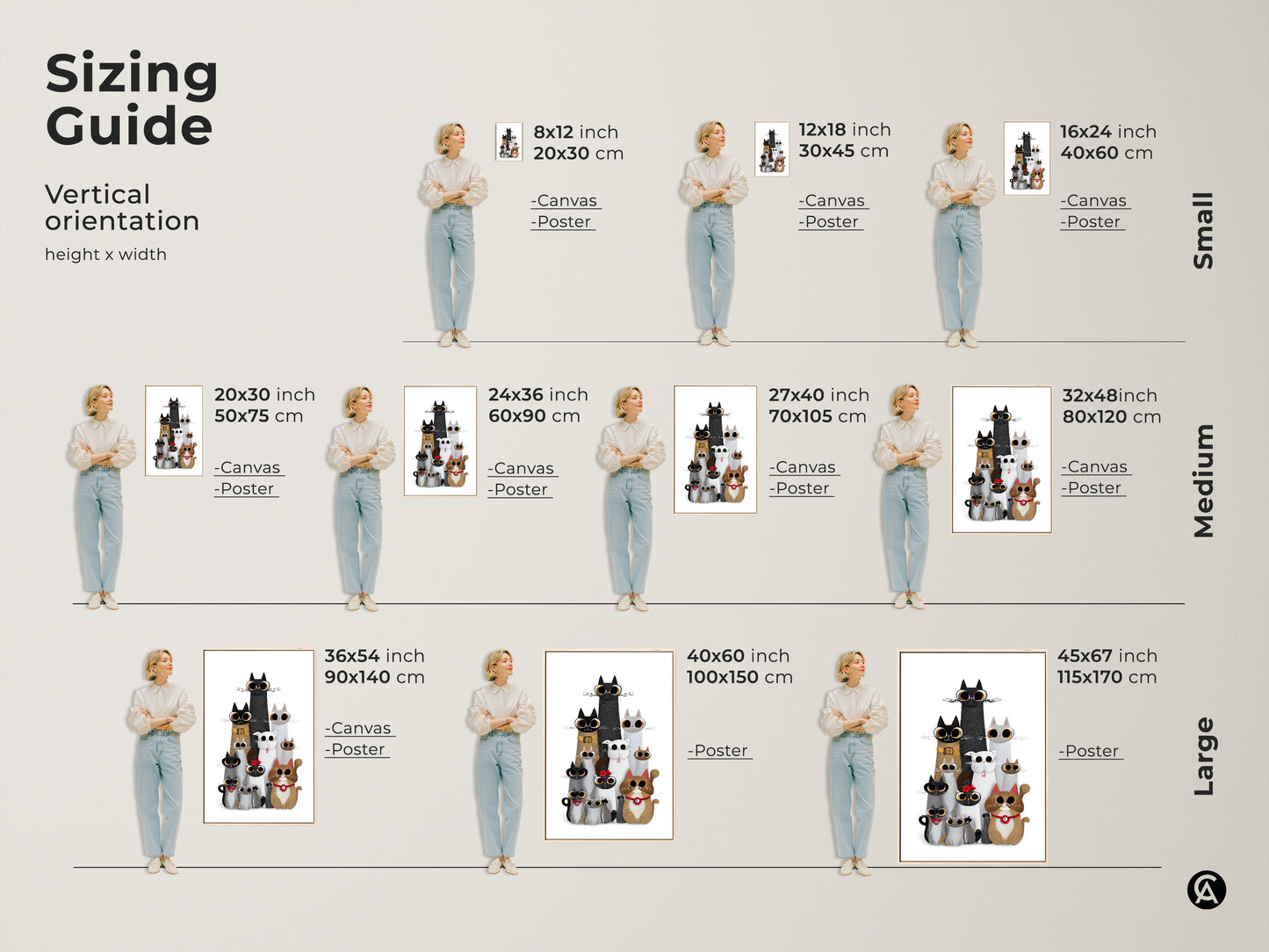 Sizing guide for cute cat art prints. This whimsical animal wall art comes in various sizes for canvas and poster. Perfect for eclectic homes and cat lovers. Choose the size that fits your space.