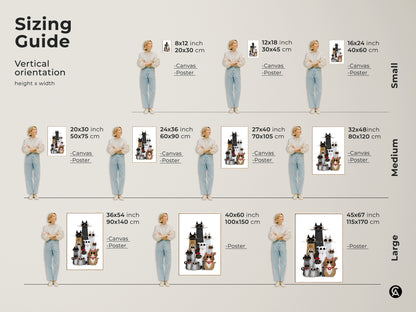 Sizing guide for cute cat art prints. This whimsical animal wall art comes in various sizes for canvas and poster. Perfect for eclectic homes and cat lovers. Choose the size that fits your space.
