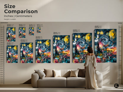Size comparison of Graffiti Style Starry Night Artwork. Sizes in inches and centimeters. Visualize the artwork in various sizes. Find the perfect fit for your wall decor. Choose from small to extra large sizes.