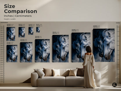 Size comparison of indigo horse art in inches and centimeters. See how the sizes range on the wall. A woman in white dress stands next to a sofa. The canvas and poster sizes range from small to large. The animal portrait wall art is perfect for bedroom decor. A great gift for horse lovers.