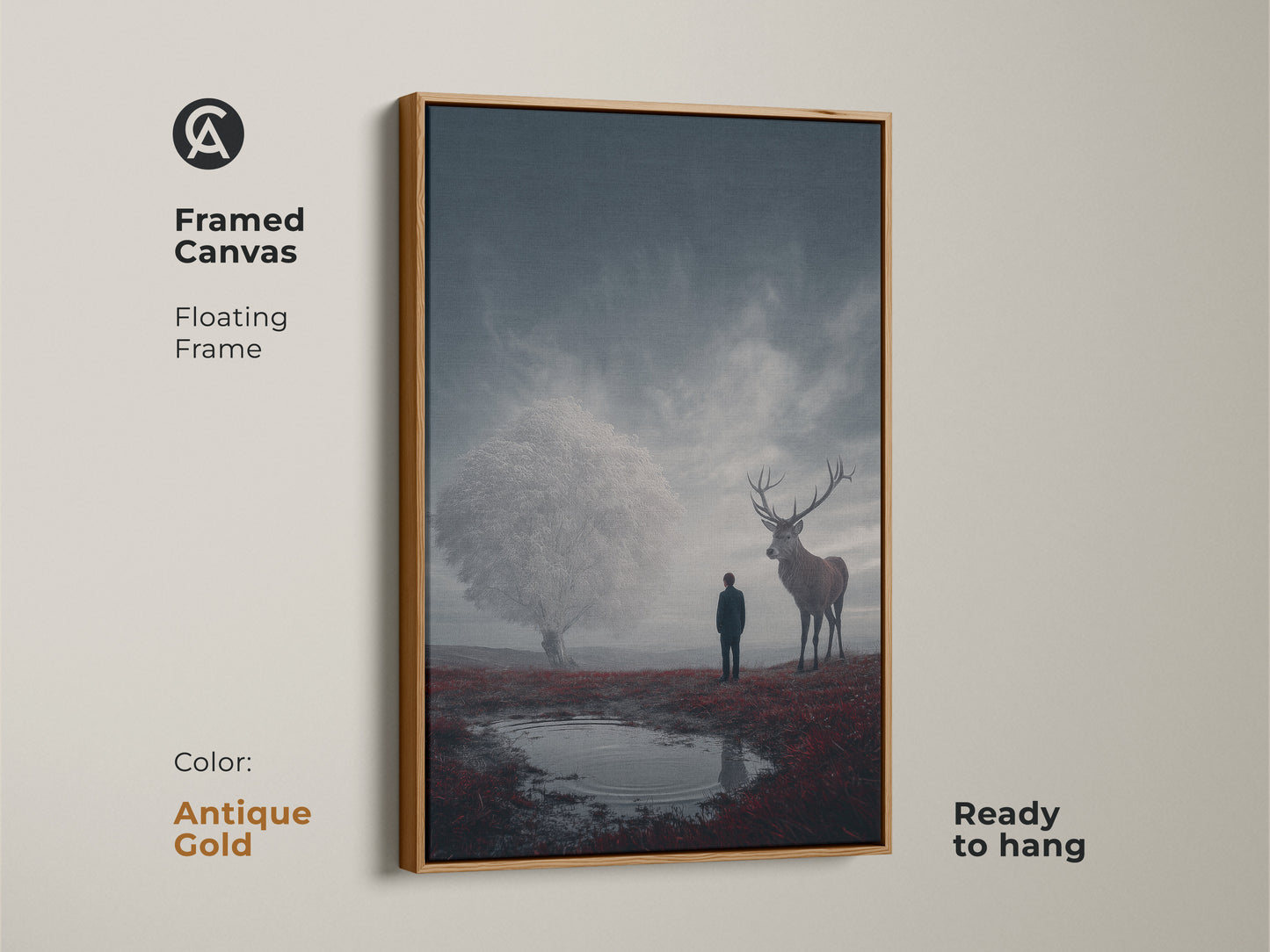 This framed canvas shows a lone figure in nature. It is a deep blue and crimson art print. This antique gold frame canvas is ready to hang on your wall. This artwork makes a great housewarming gift for him or her.
