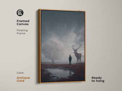 This framed canvas shows a lone figure in nature. It is a deep blue and crimson art print. This antique gold frame canvas is ready to hang on your wall. This artwork makes a great housewarming gift for him or her.