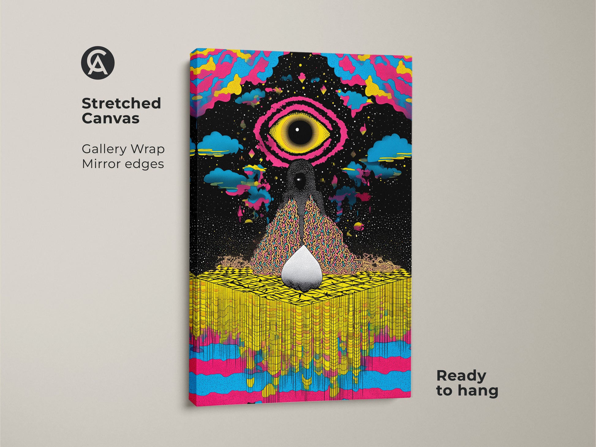 Stretched canvas print of abstract cosmic eye art. The vibrant yellow blue pink hues create a surreal and psychedelic effect. Ready to hang this eclectic piece enhances any bedroom or office.