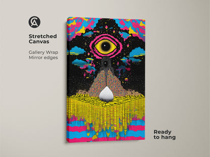 Stretched canvas print of abstract cosmic eye art. The vibrant yellow blue pink hues create a surreal and psychedelic effect. Ready to hang this eclectic piece enhances any bedroom or office.