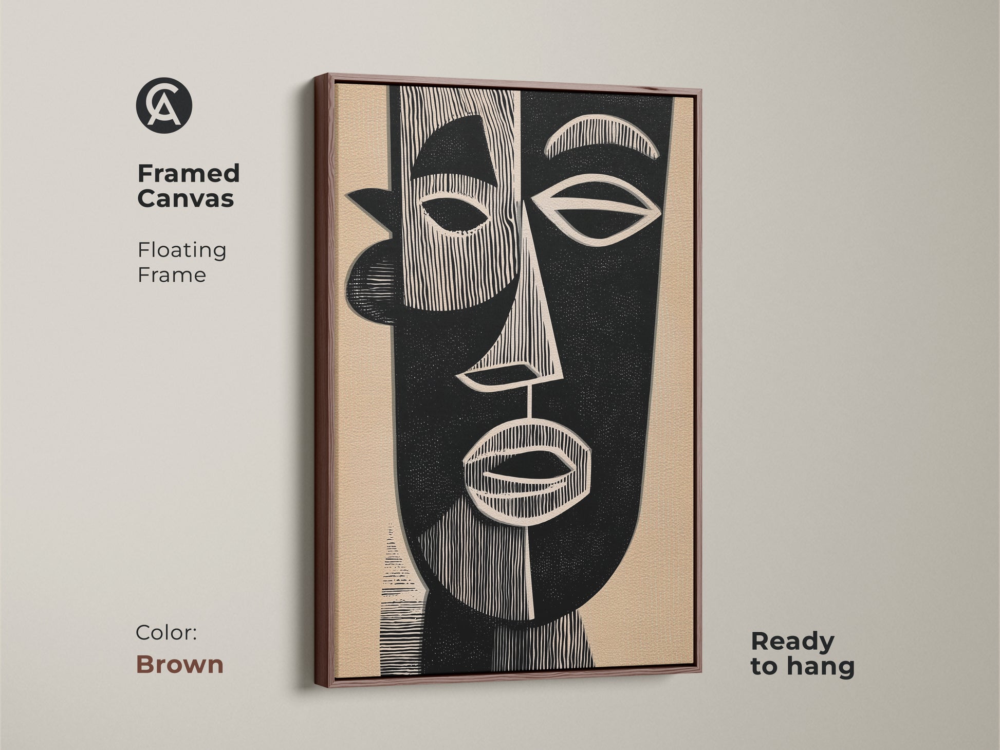 Elevate your decor with this framed brown canvas. It features an abstract face. The Mid-Century Modern art blends with a Bauhaus style. The brown frame complements the black and beige palette. This figurative portrait is ready to hang. It adds a touch of sophistication to any room.