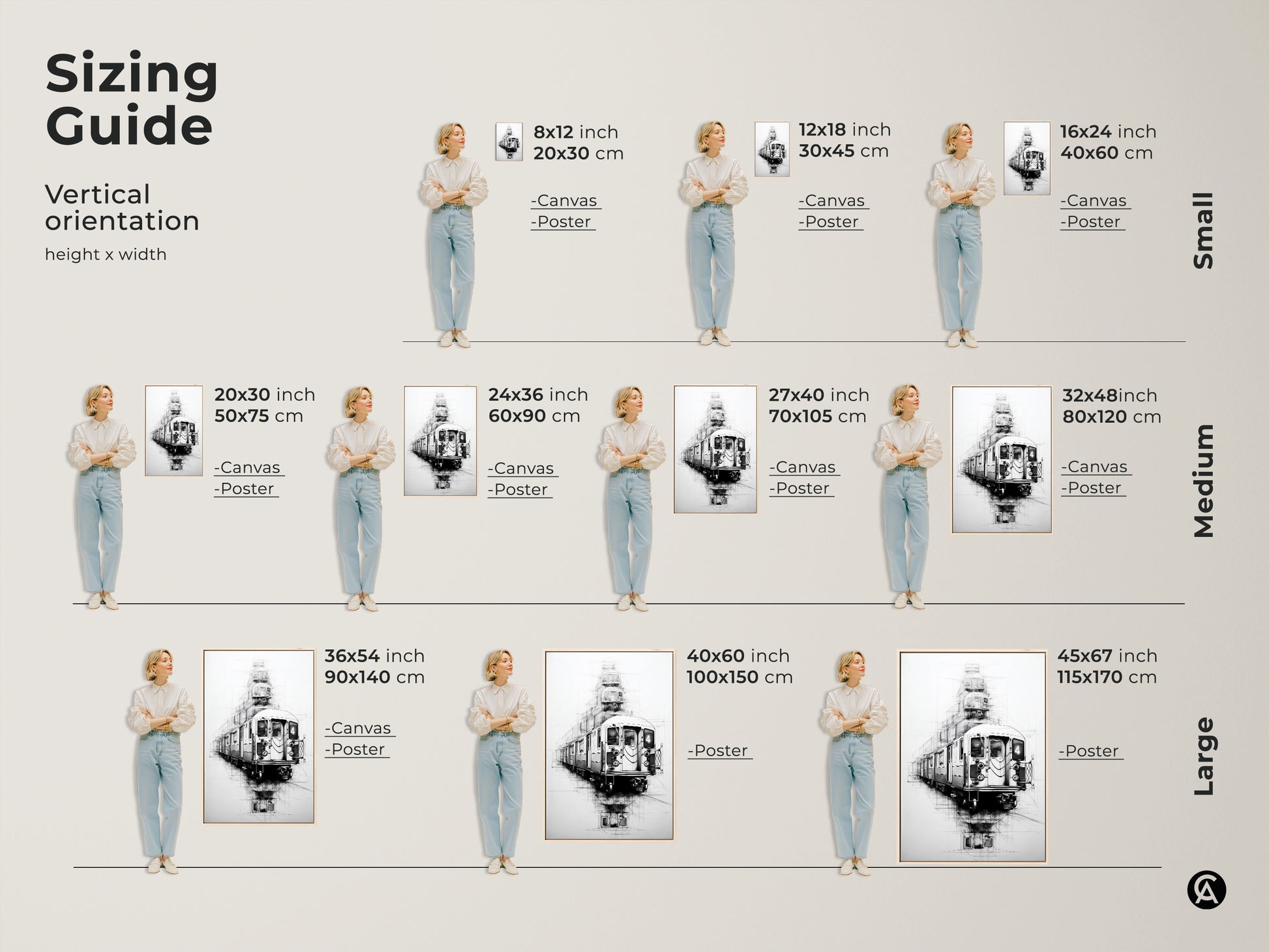 Sizing guide for urban sketch art prints including canvas and poster options. Visualize vertical orientations from small to large. Subway train artwork enhances spaces as modern minimalist decor.