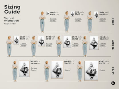Sizing guide for urban sketch art prints including canvas and poster options. Visualize vertical orientations from small to large. Subway train artwork enhances spaces as modern minimalist decor.