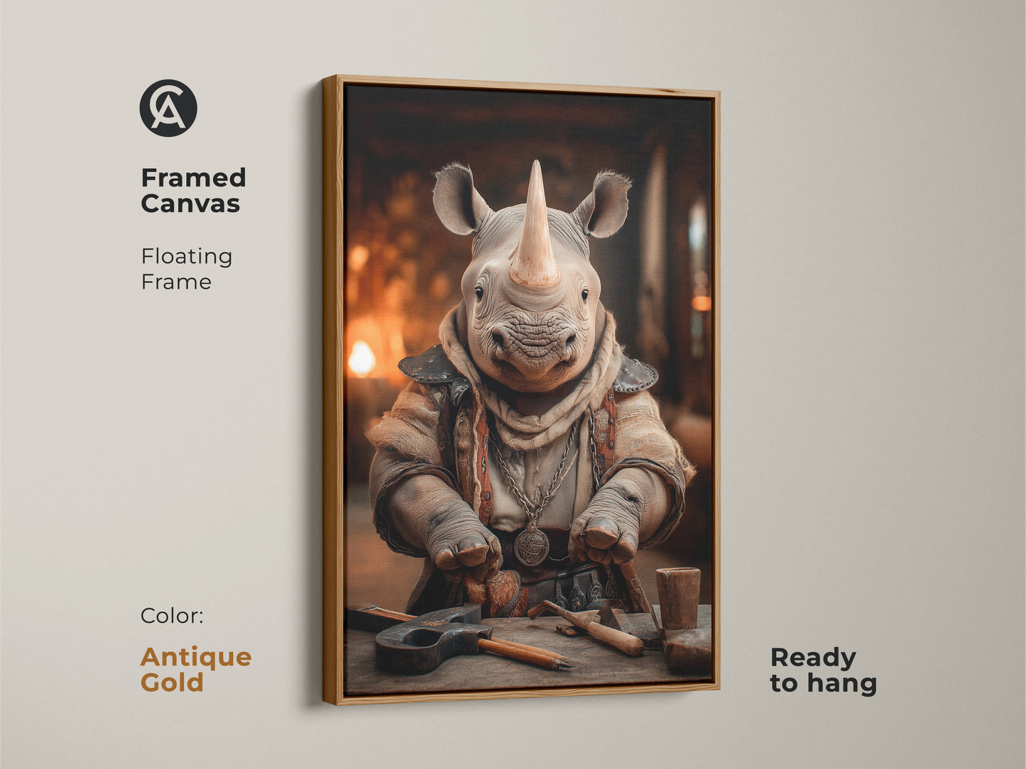 Framed canvas print of a fantasy rhino character. The artwork is displayed in a floating antique gold frame. The tan and orange art adds an eclectic touch to any office or home. This is a unique animal lover gift. Ready to hang it enhances decor with a touch of artisan charm.