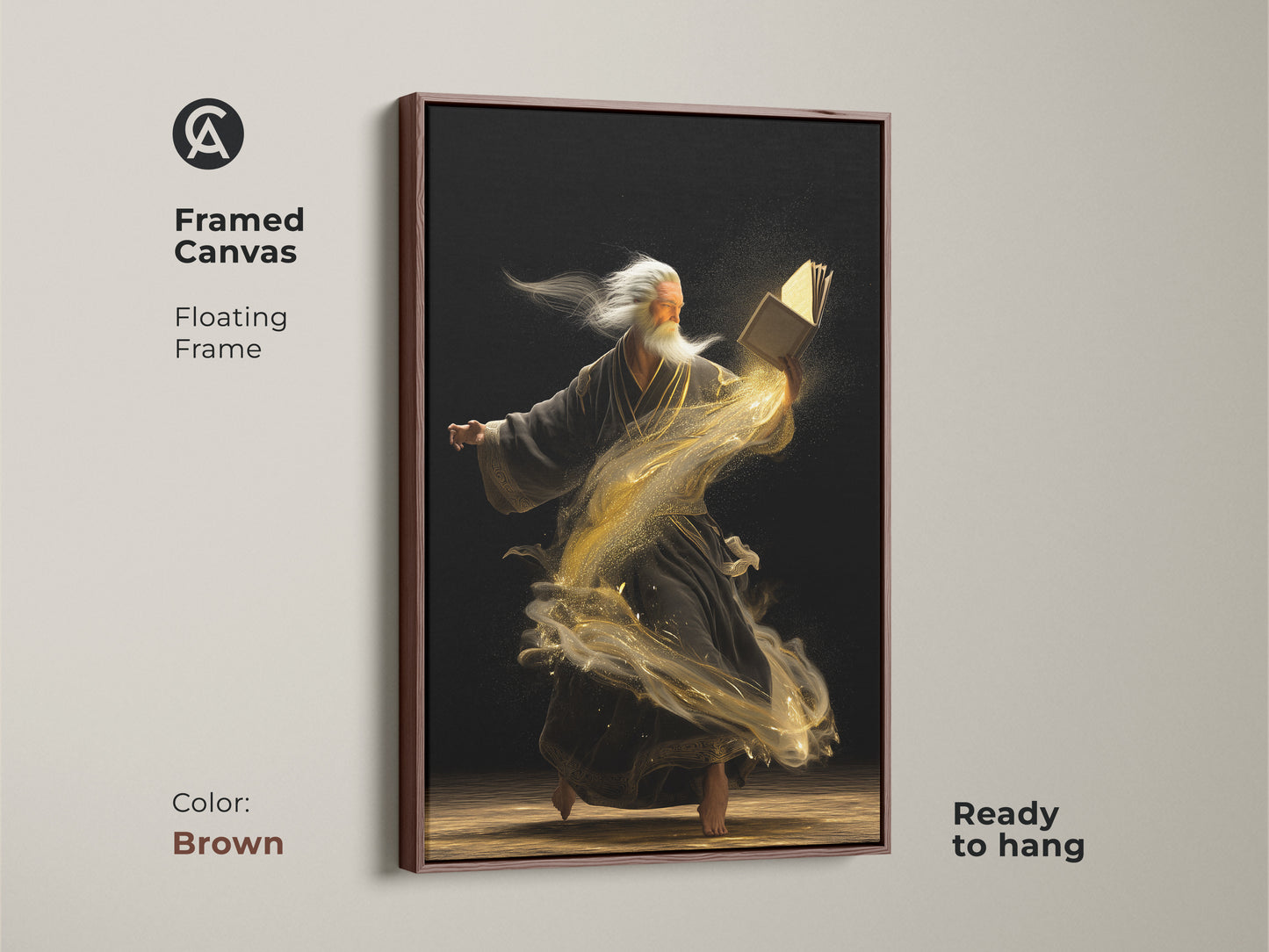 Framed canvas in a floating brown frame shows an old sage with a magical book. This surreal fantasy artwork is ready to hang. Gold dust swirls around the figure adding to the eclectic art.