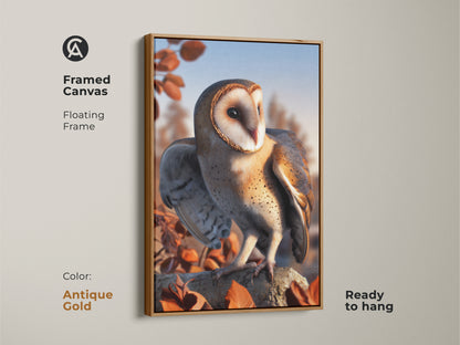 Framed canvas featuring a barn owl. Floating frame in antique gold enhances the rustic nature decor. This autumn leaves wall art is ready to hang. A perfect bird watcher gift idea. The wildlife artwork complements any space.