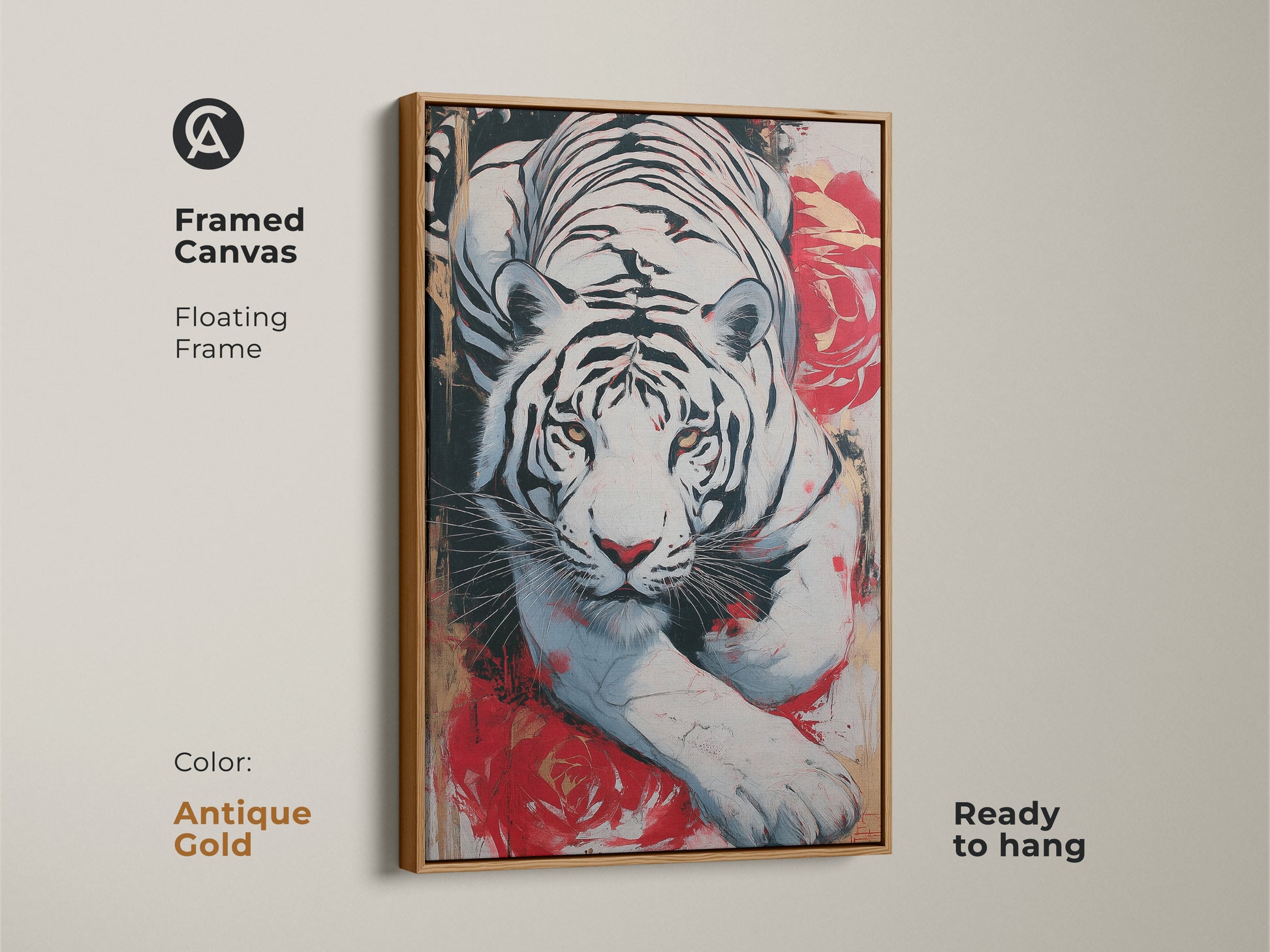 Framed canvas art of a white tiger and red roses in expressive style. The floating frame is antique gold. A striking piece of wildlife artwork. Enhance your home with this animal art.