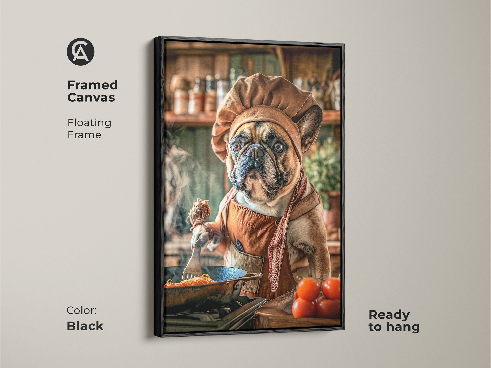 Black framed canvas of a French Bulldog chef. This floating frame showcases a dog cooking pasta. The humorous animal decor is perfect for pet chef poster enthusiasts. Great kitchen wall art.