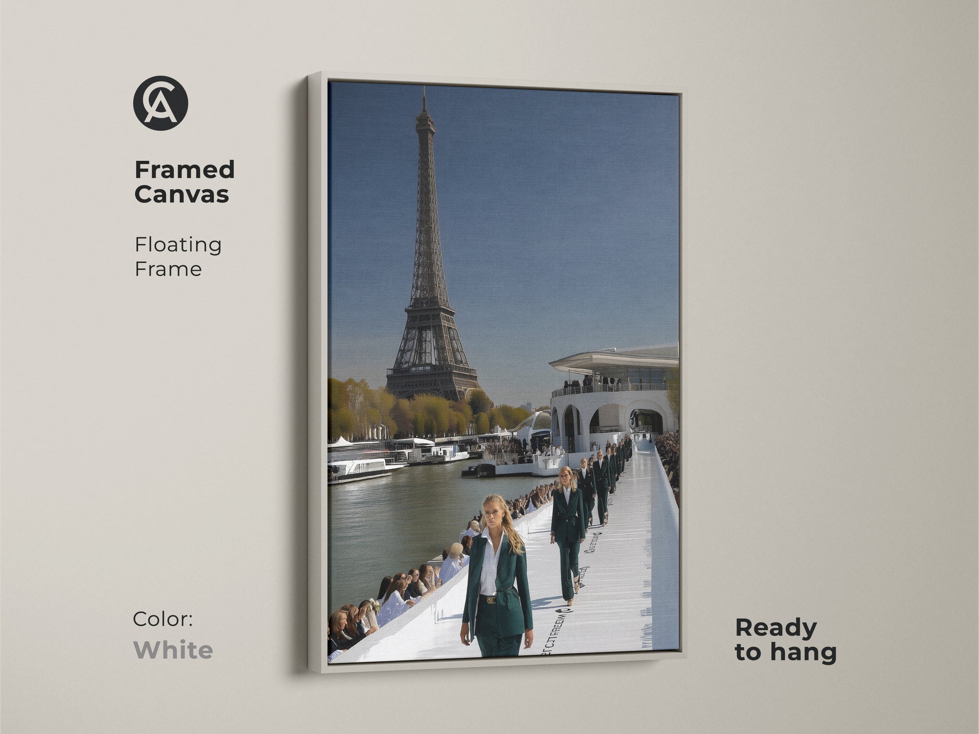 Eiffel Tower cityscape canvas artwork in a white floating frame. It shows a Parisian fashion runway and show. This contemporary piece features sky blue and deep green tones. It offers haute couture and Parisian elegance to your home or workspace. Perfect for chic entryway decor or modern office wall art.