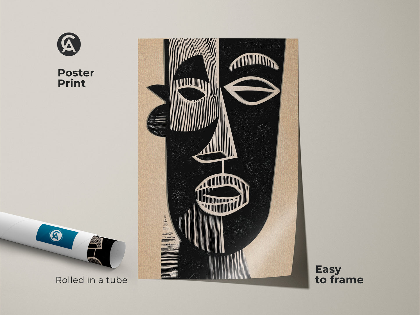 This poster print features an abstract face motif. It blends Mid-Century Modern and Bauhaus styles. The black and beige palette offers a minimalist aesthetic. This figurative portrait is perfect for any home. It is easy to frame and adds a touch of contemporary art to your space.