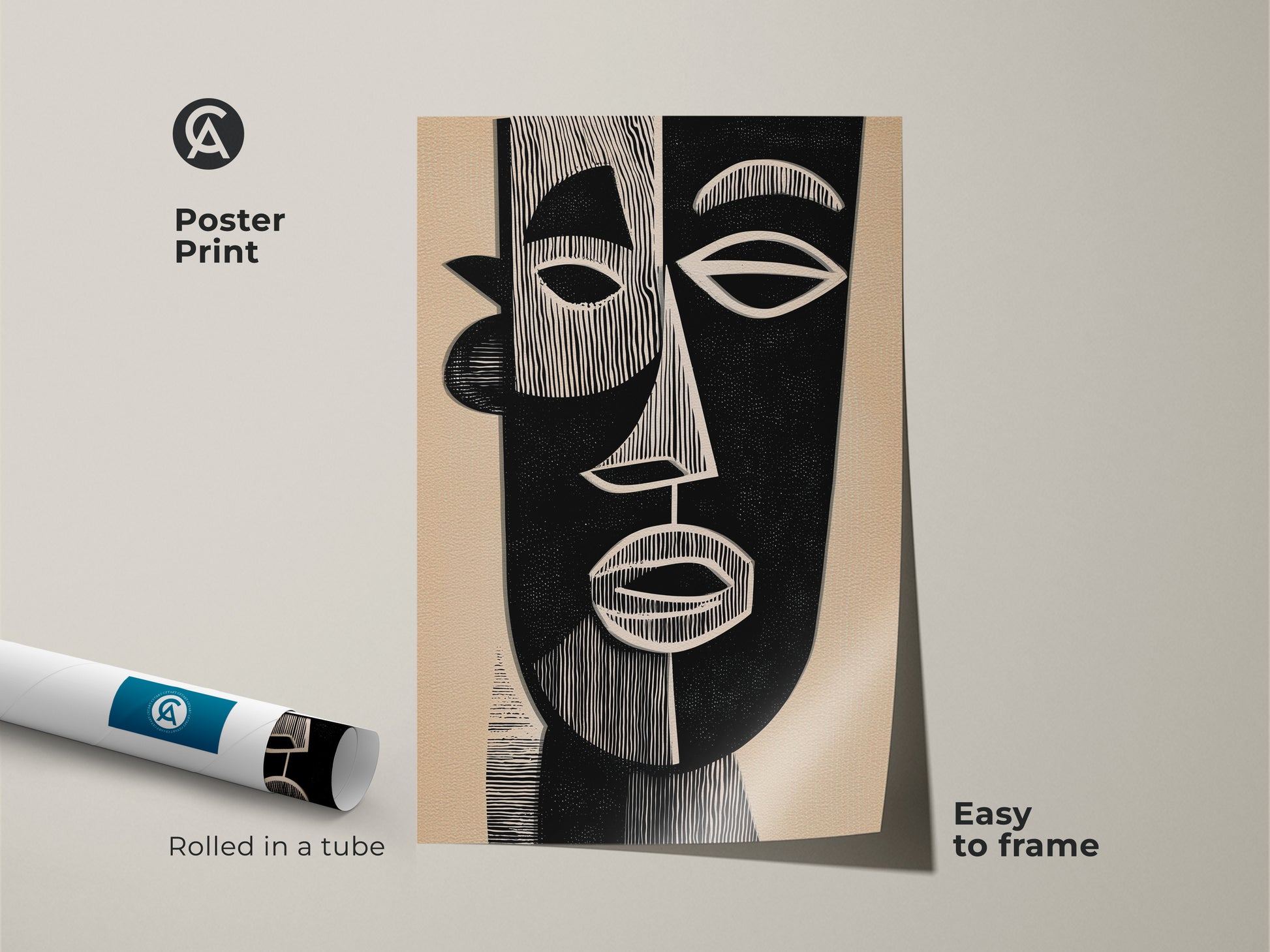 This poster print features an abstract face motif. It blends Mid-Century Modern and Bauhaus styles. The black and beige palette offers a minimalist aesthetic. This figurative portrait is perfect for any home. It is easy to frame and adds a touch of contemporary art to your space.