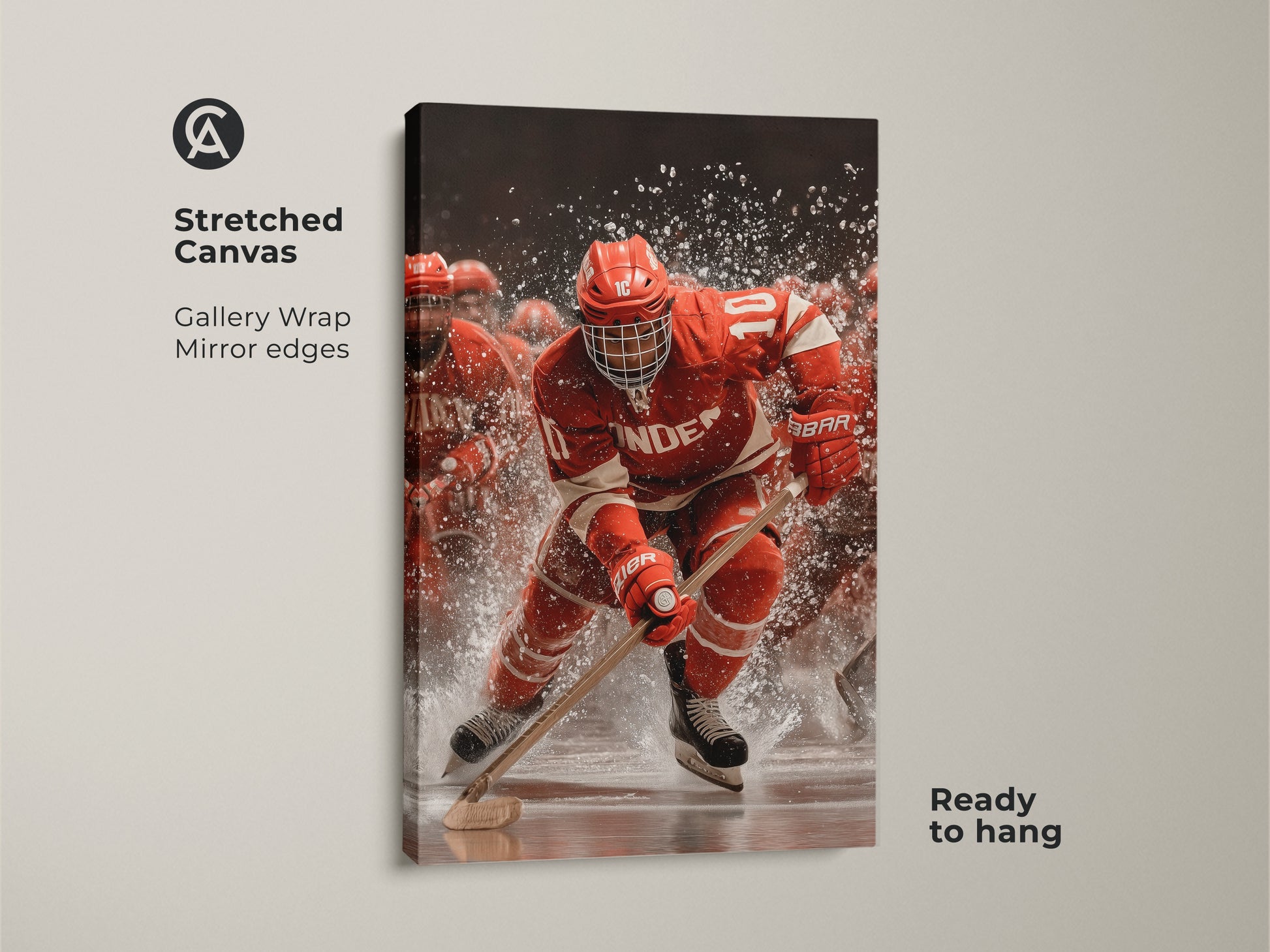 Stretched canvas displaying the raw energy of ice hockey. The hockey player is featured in red and white uniform. This dynamic sports wall decor enhances any man cave. Ideal as a gift for hockey fans this canvas art embodies action and team sports.