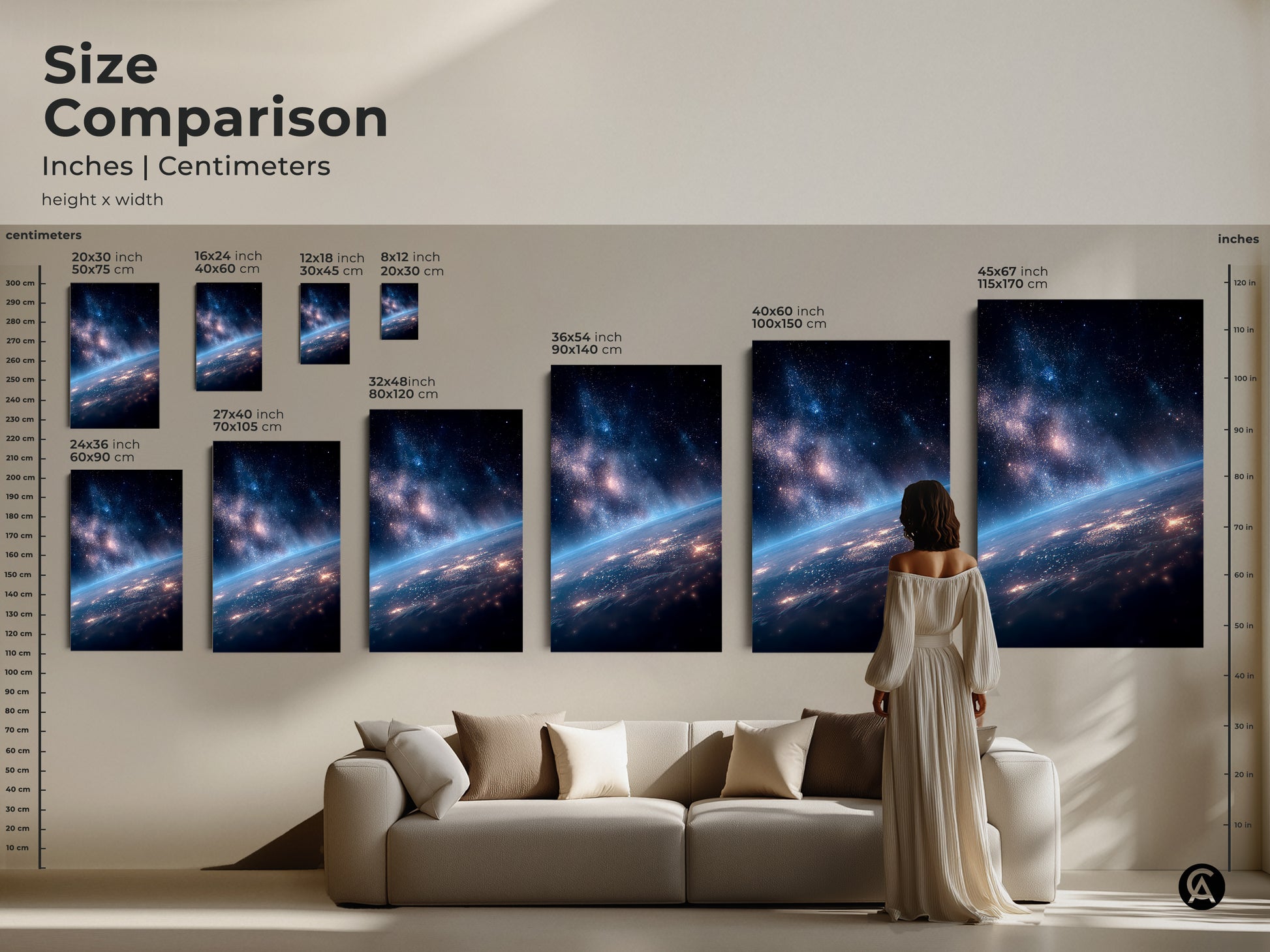 Size comparison of Earth from space art in inches and centimeters. Various sizes are displayed above a sofa. Choose the perfect size to complement your living room. This art piece can transform any space.