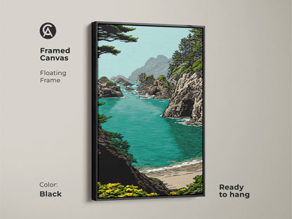 Framed canvas featuring a coastal art print with a black floating frame. This turquoise ocean cliff art enhances residential wall decor. Ready to hang nature inspired artwork. Perfect coastal art for living room.