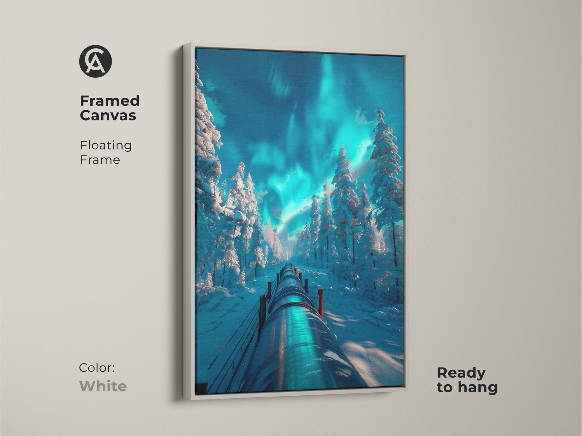 Framed canvas art presenting a winter forest scene with a pipeline and the Northern Lights. The white floating frame complements the artwork. Ready to hang this piece adds a serene winter touch to your home decor.