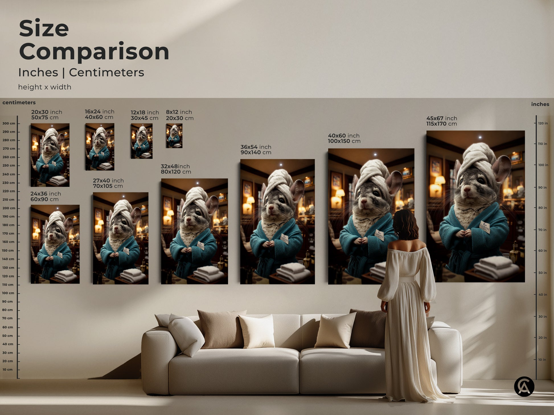Size comparison of chinchilla spa day art prints in inches and centimeters. Visualize how the artwork fits in your home. Choose from various sizes to match your decor. This funny animal artwork is perfect for pet lovers. Canvas and poster prints are available. Ideal for eclectic rooms and spa-themed bathrooms.