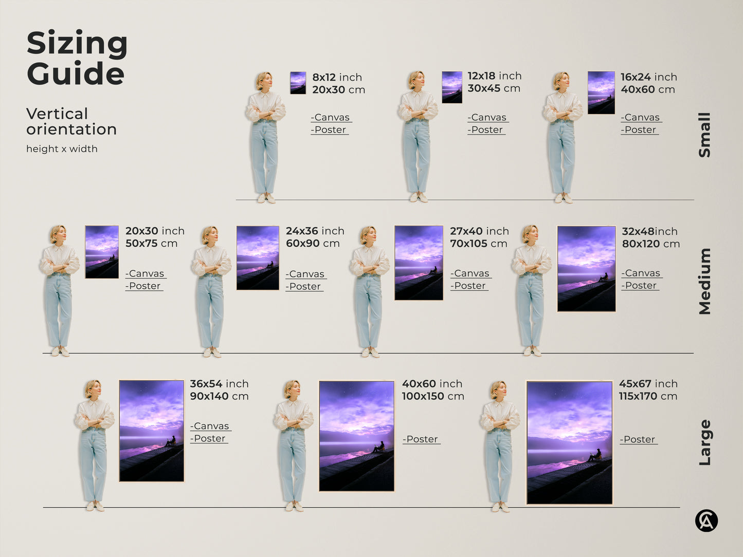 Sizing guide for the fantasy lake art print. Visualize the artwork in various sizes to fit your space. Available as canvas or poster prints. See how this modern landscape wall decor transforms rooms. Sizes range from small to large. Find the perfect fit for your study room or office.