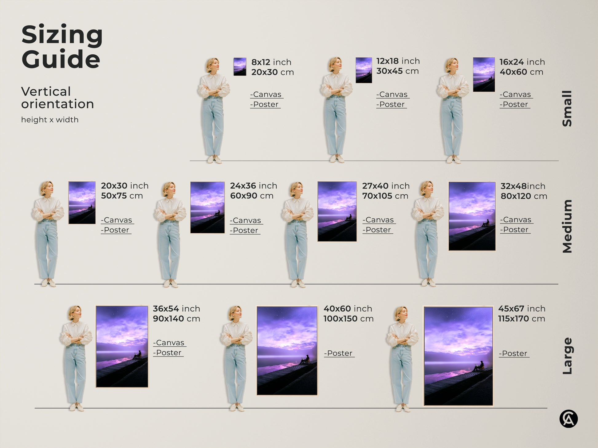 Sizing guide for the fantasy lake art print. Visualize the artwork in various sizes to fit your space. Available as canvas or poster prints. See how this modern landscape wall decor transforms rooms. Sizes range from small to large. Find the perfect fit for your study room or office.
