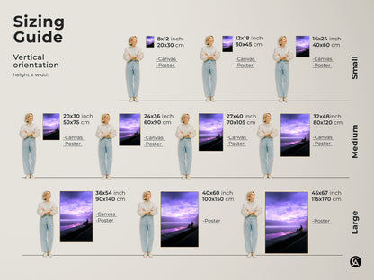 Sizing guide for the fantasy lake art print. Visualize the artwork in various sizes to fit your space. Available as canvas or poster prints. See how this modern landscape wall decor transforms rooms. Sizes range from small to large. Find the perfect fit for your study room or office.