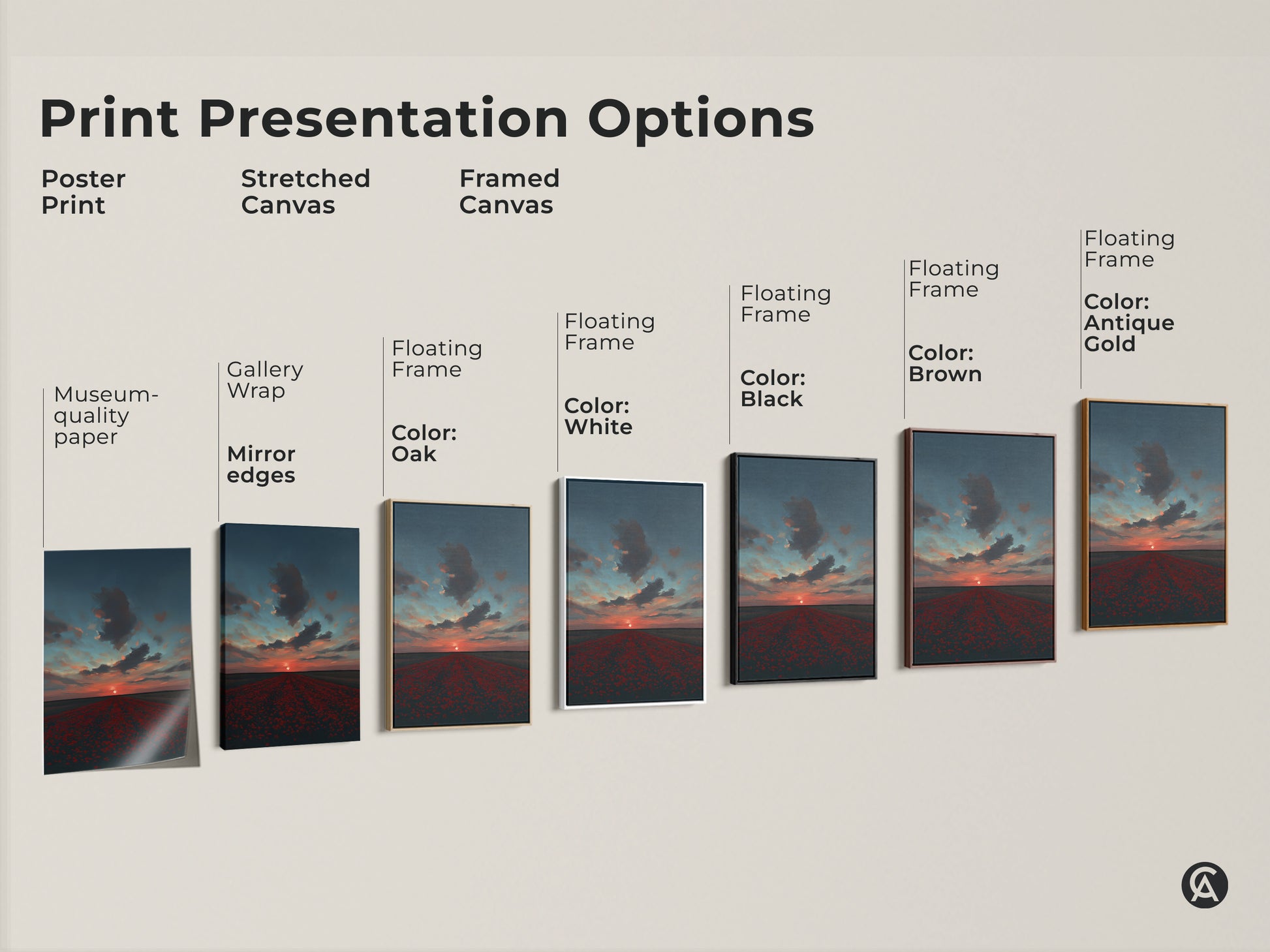 Explore our print presentation options featuring a poppy field sunset artwork. Choose from poster prints stretched canvas or framed canvas. Each option beautifully displays the crimson orange and teal tones of this impressionistic nature wall art. Find the perfect style for your home decor.