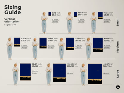 Sizing guide for vertical minimalist cityscape art. Available as canvas or poster in small medium and large sizes. Find the perfect fit for your space with dimensions in inches and centimeters. Choose modern wall art today.