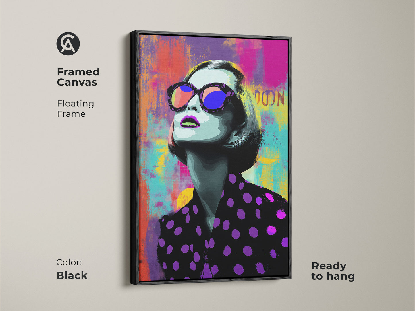 Framed canvas of a Pop Art woman with a black floating frame. This modern portrait artwork is ready to hang. The vibrant purple pink and teal colors make it a chic statement piece.