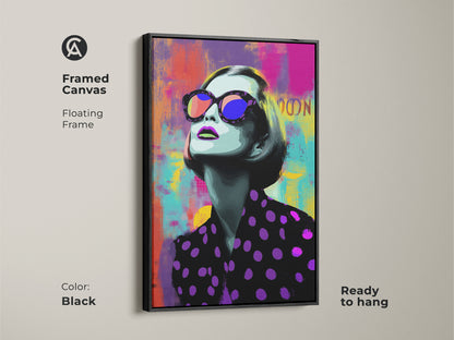 Framed canvas of a Pop Art woman with a black floating frame. This modern portrait artwork is ready to hang. The vibrant purple pink and teal colors make it a chic statement piece.